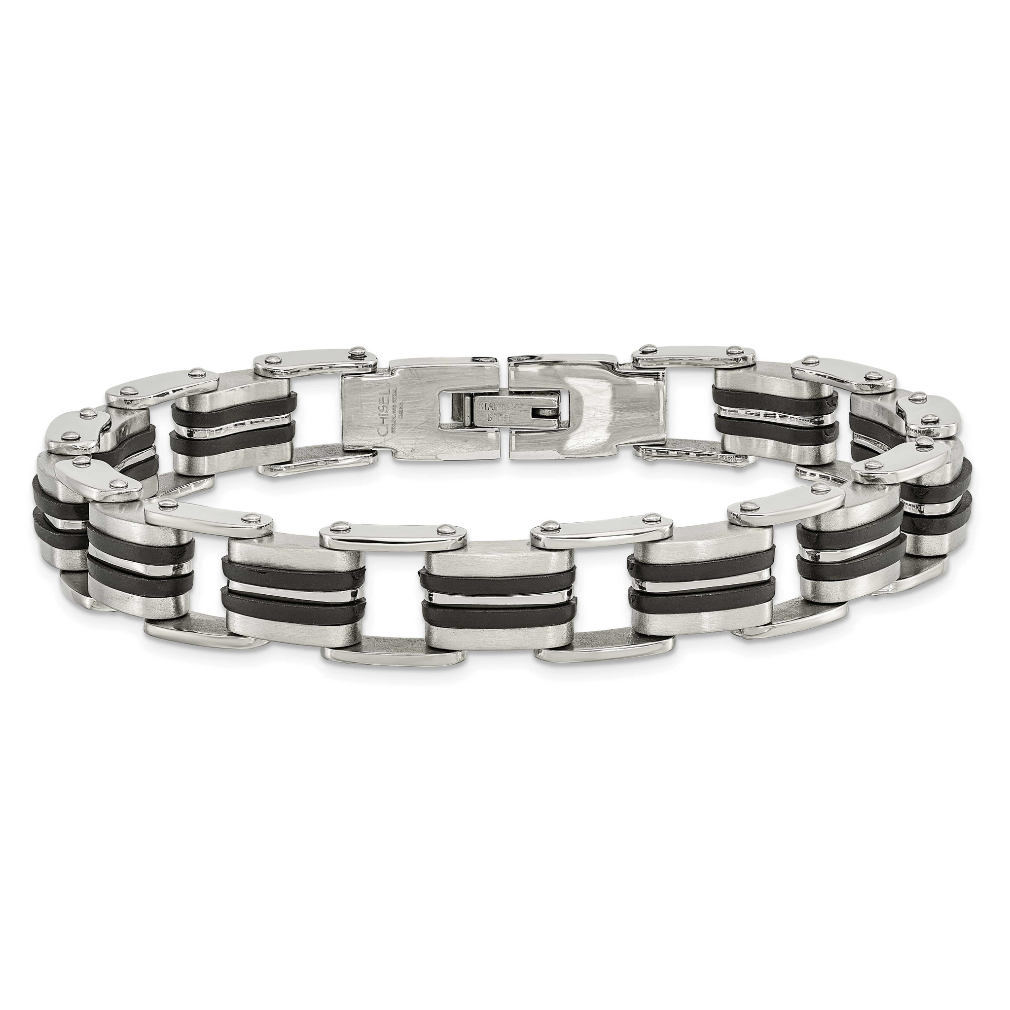 Stainless Steel Black Rubber 8.5in Bracelet 8.5 Inches Long Stainless Steel Black Rubber 8.5in Bracelet 8.5 Inches Long