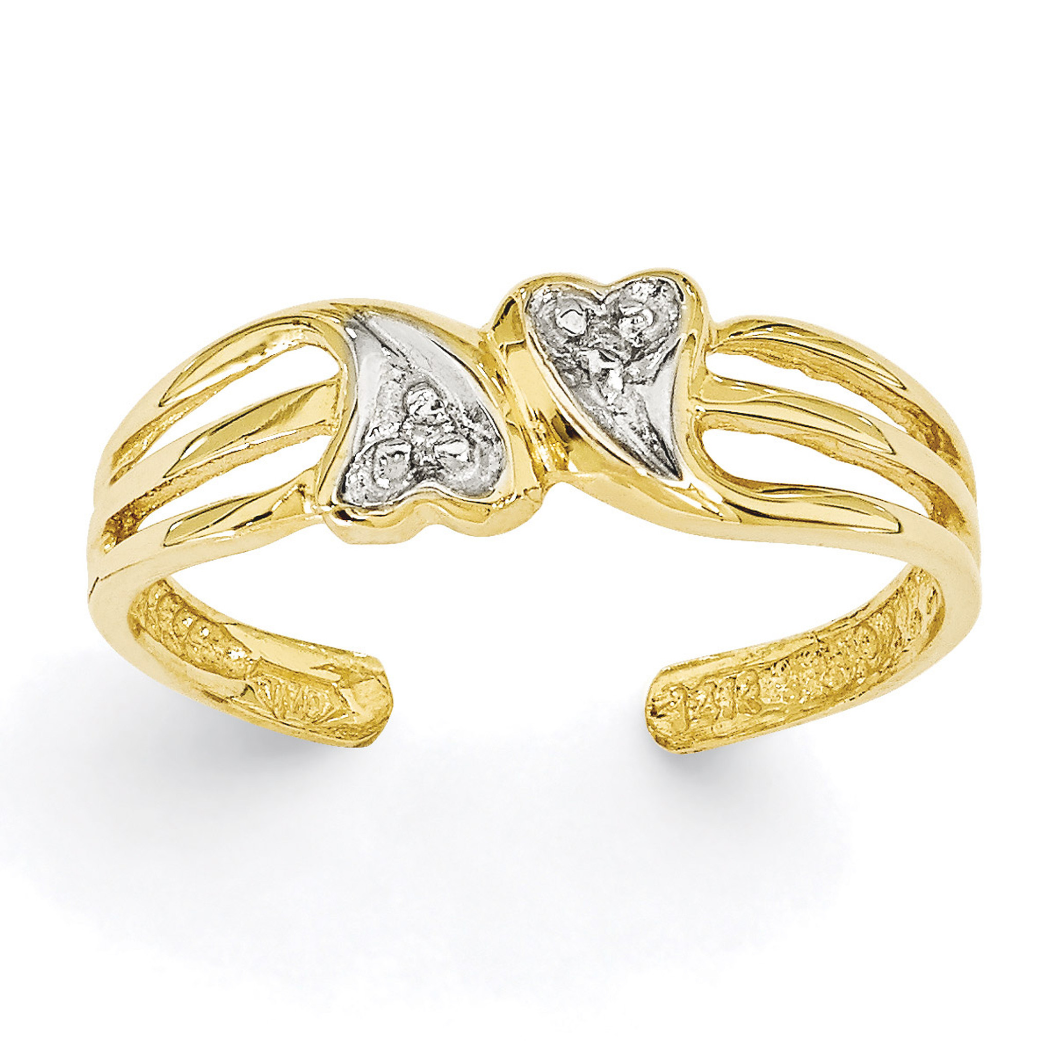 5mm Solid 14k Yellow Gold Double Heart .02ct Diamond Toe Ring 