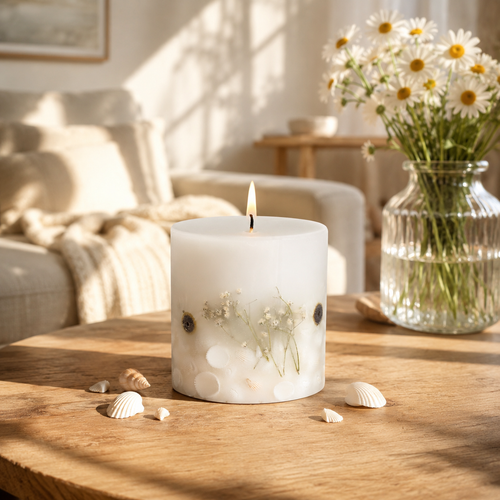Nature's Gift - Beach Daisy - Scented Botanical Inclusion Pillar Candle (95 x 95mm)