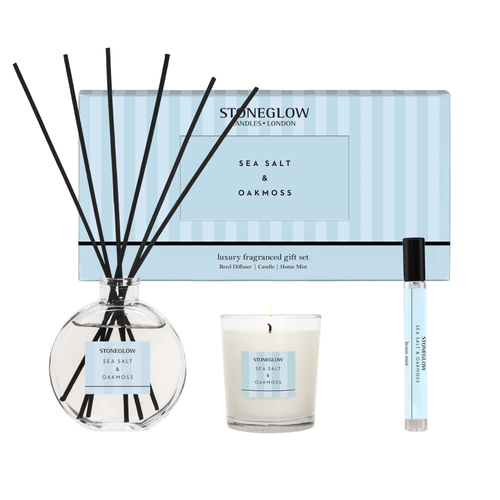 Modern Classics - Sea Salt & Oakmoss - Gift Set - 120ml Scented Reed Diffuser, 15ml Scented Home Mist, Scented Mini Candle