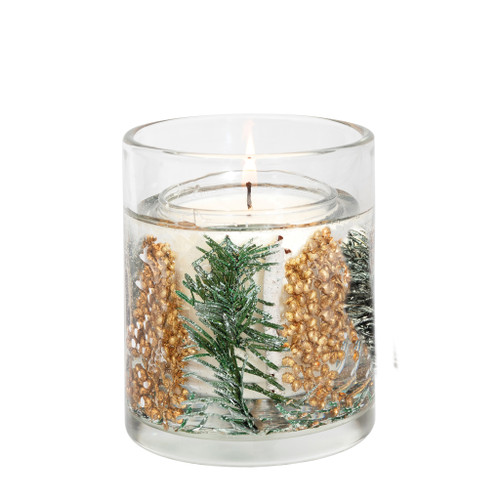 The festive wishes candle is presented in an enchanting glass vessel with hand placed festive botanicals encapsulated in a clear soft gel