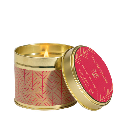 The Cosy Vibes candle is made with pure soy wax and contained in a charming tin with a lid allowing for portability.