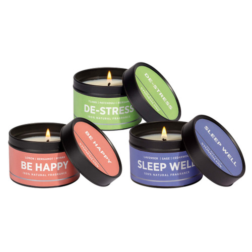 Wellbeing Essential Oil Scented Soy Wax Candle Tin Bundle (Be Happy, De-Stress, Sleep Well)