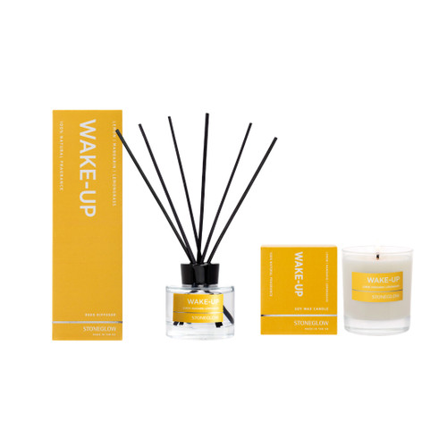 Wellbeing - Home Fragrance Set – Wake Up - Lemon, Mandarin & Lemongrass Scented Candle Tumbler (90 x80mm) & Scented Reed Diffuser (140ml)