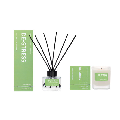 Wellbeing - Home Fragrance Set – De-Stress - Ylang, Patchouli & Bergamot Scented Candle Tumbler (90 x80mm) & Scented Reed Diffuser (140ml)