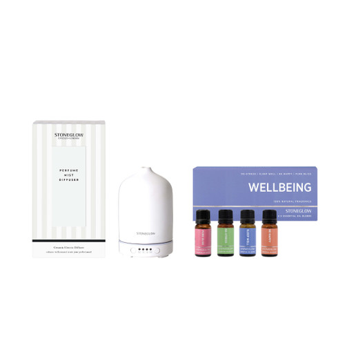 Modern Classics  - Mist Diffuser White & Wellbeing 4x Essential Oil Gift Set Bundle