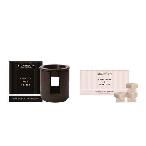 Black Ceramic Wax Melter with White Musk & Tuberose Scented Soy Wax Melts