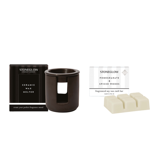 Pomegranate & Spiced Woods Melt Bar & Ceramic Black Wax Melter Bundle