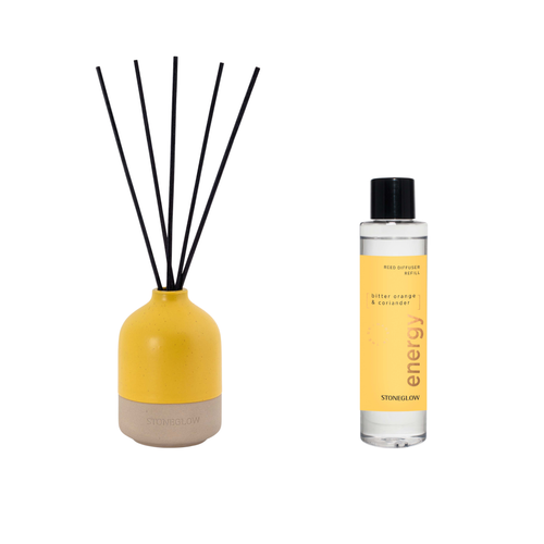 Energy Reed Diffuser Refill, Diffuser Pot & Natural Reed Sticks Bundle