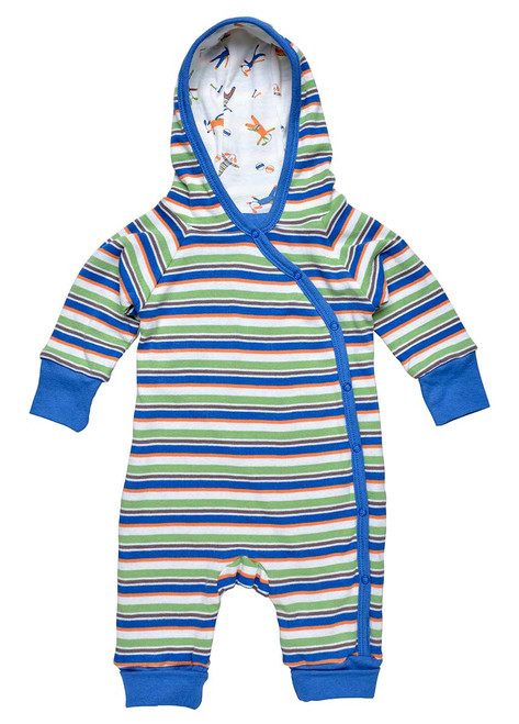 Blue Organic Cotton Baby Lined Hooded Romper