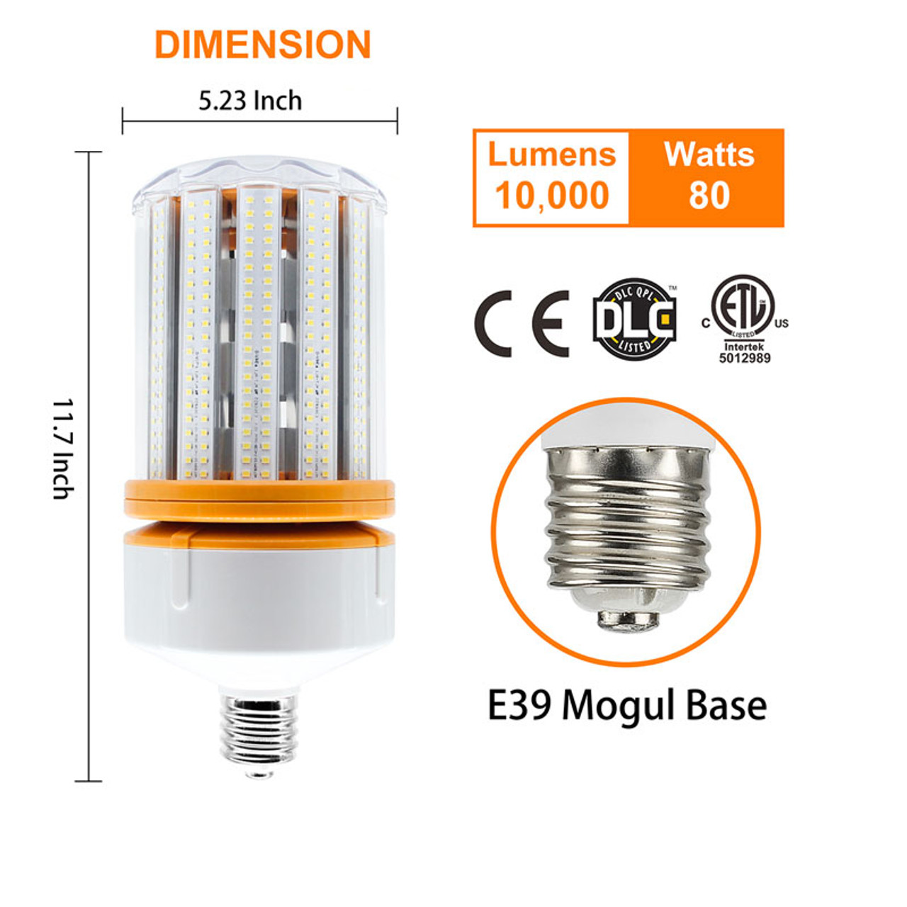 80 Watt LED Corn Bulb, 250 Watt HID Replacement, 10,000 Lumens, For