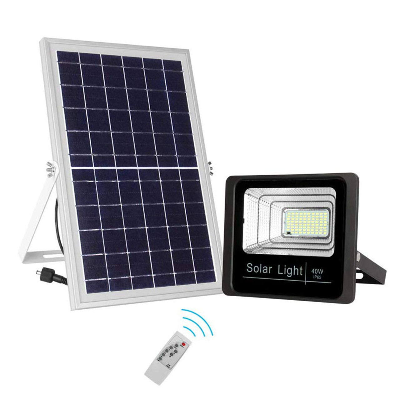 Led Solar Powered 40 Watt High Output Flood Light With Solar Panel Dimmable Dusk To Dawn On Off Sensor Ip 67 30 000 Hours Five Year Warranty Led Global Supply
