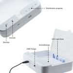 Product Technical Data: 

SKU: GS-UVC-DB-1075
Ref: 1075
Brand: Global
Wattage: 9 Watts
Volts: 3.5V Rechargeable Battery
Length: 7.8 Inches
Height: 2 Inches
Width: 6 Inches
Weight: 1 Lb
Light Source: LED
LED Type: UV C
Warranty: One Year
Body Color: White
Wall Plug: USB 