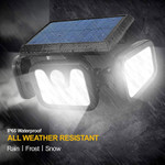 Solar Powered LED 3 Adjustable Head, 7 Watt, 74 High Output LEDs, 1000 Lumens, Motion Sensor

Adjustable 3 head solar powered outdoor wall mount light is an intelligent choice to illuminate those areas which do not have access to line voltage power. 
Fixture uses a multi joint 360 degree rotatable design. Adjustable heads can move upwards, downwards, and horizontally. This allows adjustment to any angle desired. Rugged IP65 weather resistant ABS construction. High output 7 watt 74 SMD LEDs to assure proper illumination. 
Product has built in human motion sensor and low light sensor. Detects motion up to a distance of 33 feet with a range of 120 Degrees. When motion is detected lamp will light for 30 seconds and then turn off. Product features a 2 Watt/5.5 volt solar panel. 
Battery is Li-ion 3.7v and 2400mAh. We back our quality with an industry leading 5 year warranty. 

 Product Technical Data:

 • SKU: GS-SSWL-1102
• Ref: 1102
• Brand: LSS
• Wattage: 7 Watt
• Replaces: 50 Watt
• Lumens: 1000
• Kelvin: 6000K
• Weight:  1 Lbs.
• Width: 11 Inches
• Height: 4 Inches 
• Depth: 6 Inches 
• Mount: Wall Mount
• LED Type: 74 High Output SMD
• IP: 65
• CRI: 80
• Beam Angle: 270 Degrees
• Life Time: 50,000 Hours
• Warranty: 5 Years
• Body Color: Black
• Other 1: Solar Panel: 2W/5.5V
• Other 2: Battery: 3.7V 2400mAh
