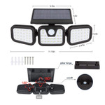 Solar Powered LED 3 Adjustable Head, 7 Watt, 74 High Output LEDs, 1000 Lumens, Motion Sensor

Adjustable 3 head solar powered outdoor wall mount light is an intelligent choice to illuminate those areas which do not have access to line voltage power. 
Fixture uses a multi joint 360 degree rotatable design. Adjustable heads can move upwards, downwards, and horizontally. This allows adjustment to any angle desired. Rugged IP65 weather resistant ABS construction. High output 7 watt 74 SMD LEDs to assure proper illumination. 
Product has built in human motion sensor and low light sensor. Detects motion up to a distance of 33 feet with a range of 120 Degrees. When motion is detected lamp will light for 30 seconds and then turn off. Product features a 2 Watt/5.5 volt solar panel. 
Battery is Li-ion 3.7v and 2400mAh. We back our quality with an industry leading 5 year warranty. 

 Product Technical Data:

 • SKU: GS-SSWL-1102
• Ref: 1102
• Brand: LSS
• Wattage: 7 Watt
• Replaces: 50 Watt
• Lumens: 1000
• Kelvin: 6000K
• Weight:  1 Lbs.
• Width: 11 Inches
• Height: 4 Inches 
• Depth: 6 Inches 
• Mount: Wall Mount
• LED Type: 74 High Output SMD
• IP: 65
• CRI: 80
• Beam Angle: 270 Degrees
• Life Time: 50,000 Hours
• Warranty: 5 Years
• Body Color: Black
• Other 1: Solar Panel: 2W/5.5V
• Other 2: Battery: 3.7V 2400mAh
