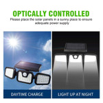 Solar Powered LED 3 Adjustable Head, 7 Watt, 74 High Output LEDs, 1000 Lumens, Motion Sensor

Adjustable 3 head solar powered outdoor wall mount light is an intelligent choice to illuminate those areas which do not have access to line voltage power. 
Fixture uses a multi joint 360 degree rotatable design. Adjustable heads can move upwards, downwards, and horizontally. This allows adjustment to any angle desired. Rugged IP65 weather resistant ABS construction. High output 7 watt 74 SMD LEDs to assure proper illumination. 
Product has built in human motion sensor and low light sensor. Detects motion up to a distance of 33 feet with a range of 120 Degrees. When motion is detected lamp will light for 30 seconds and then turn off. Product features a 2 Watt/5.5 volt solar panel. 
Battery is Li-ion 3.7v and 2400mAh. We back our quality with an industry leading 5 year warranty. 

 Product Technical Data:

 • SKU: GS-SSWL-1102
• Ref: 1102
• Brand: LSS
• Wattage: 7 Watt
• Replaces: 50 Watt
• Lumens: 1000
• Kelvin: 6000K
• Weight:  1 Lbs.
• Width: 11 Inches
• Height: 4 Inches 
• Depth: 6 Inches 
• Mount: Wall Mount
• LED Type: 74 High Output SMD
• IP: 65
• CRI: 80
• Beam Angle: 270 Degrees
• Life Time: 50,000 Hours
• Warranty: 5 Years
• Body Color: Black
• Other 1: Solar Panel: 2W/5.5V
• Other 2: Battery: 3.7V 2400mAh
