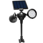 Solar LED, Dual Adjustable Head, Landscaping Security Spotlight, 7 Watt, 1000 Lumen, 36 LED, 4 Lighting Modes, IP65, 5 Year Warranty.

The Dual head LED fixture can be used to illuminate and enhance landscaping projects or as a true security application. Easy installation which requires no wiring or trenching. The sun supplies the power. Flexibility to decorate garden, pathway, lawn, yard, walkway, pond or any area where line voltage is not accessible. Fixture features high output 1000 lumen, 7 watt, 36 LEDs to assure high quality light for multiple applications.

Polycrystalline 6V 3 Watt solar panel. Lithium 3.7V 5200mAh battery. Constructed ABS with a IP65 rating for trouble free weather proof operation. PIR motion sensing.
Chose from 4 lighting modes.
Mode #1 is dim then bright light with motion sensor. Spotlight will stay dim until motion is detected and will turn bright.
Mode #2: Light turns off then to bright with motion sensor. Light will turn off until motion is detected and will turn to bright. Mode #3: Light is always on bright. Light will remain on bright lighting for 4 hours.
Mode #4: Light is always on dim. Light will remain on dim for 8 hours.
We back our quality with an industry leading 5 year warranty.

 Product Technical Data:

• SKU: GS-2H-SL-1103
• Ref: 1103
• Brand: LSS
• Wattage: 7 Watts
• Lumens: 1000 Lumen
• Kelvin: 6000K
• Weight:   2Lbs.
• Height: Adjustable to 24 Inches
• Depth: 7 Inches
• Length: 12 Inches
• Base: Stake or Mount
• Mount: In Ground or Wall
• Light Source: LED
• LED Type: 36 High Output SMD
• IP: 65
• CRI: 80
• Beam Angle: 150 Degree
• Life Time: 50,000 Hours
• Warranty: 5 Years
• Body Color: Black