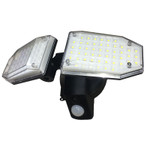 LED Solar Powered Outdoor Security Motion Activated Floodlight, 10 Watts, 100 High Output LED's, IP65, 5 Year Warranty. 

 This LED floodlight is equipped with 100 super bright LEDs. The light includes a high efficiency solar panel. LED solar floodlight has state-of-the art weather proof solar panels using high efficiency and poly-crystalline material which optimizes sunlight conversion to electricity. The recently updated solar panel power allows faster battery charging with less sunshine. With 100 super bright white LED's, it offers an 800 lumen output. The adjustable side lamp heads move upwards, downwards and horizontally for maximum lighting coverage.

Product has a smart and sensitive motion sensor. The motion detector will sense the movement automatically. This light will automatically turn on at night when motion is detected. Compared to other similar solar outdoor lights the white sensor ball head is larger and more powerful thus providing a longer sensor length with a detection distance of 24 to 40 feet and detection range of 120 degrees.

LED solar outdoor security flood light has a high IP65 rating for water resistance and durability. The solar security light has been upgraded to a higher waterproof level. With a IP65 rating the light fixture offers high protection against moisture. With construction of ABS plastic and aluminum the product insures added durability. The LED light delivers up to 6 hours of illumination (non-continuous) on a single charge. We back our quality with a very strong 5 year warranty. 

 Product Technical Data:

 • SKU: GS-SL-HB-FL2M-1109
• Ref: 1109
• Brand: LSS
• Wattage: 10 Watts
• Lumens: 800 Lumens
• Kelvin: 6000K
• Weight:   2Lbs.
• Width: 8.6 Inches
• Height: 5 Inches
• Depth: 5 Inches
• Mount: Wall Mount
• Light Source: 
• LED Type: High Output SMD
• IP: 65
• CRI: 80
• Beam Angle: 120 Degrees
• Life Time: 50,000 Hours
• Warranty: 5 Years
• Body Color: Solar Panel 5.6x3 Inches
• Wall Plug: Panel Attachment Cable 15 Feet
• Other 1: PIR Motion
• Other 2: 8 Hour Charge Time