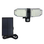 LED Solar Powered Outdoor Security Motion Activated Floodlight, 10 Watts, 100 High Output LED's, IP65, 5 Year Warranty. 

 This LED floodlight is equipped with 100 super bright LEDs. The light includes a high efficiency solar panel. LED solar floodlight has state-of-the art weather proof solar panels using high efficiency and poly-crystalline material which optimizes sunlight conversion to electricity. The recently updated solar panel power allows faster battery charging with less sunshine. With 100 super bright white LED's, it offers an 800 lumen output. The adjustable side lamp heads move upwards, downwards and horizontally for maximum lighting coverage.

Product has a smart and sensitive motion sensor. The motion detector will sense the movement automatically. This light will automatically turn on at night when motion is detected. Compared to other similar solar outdoor lights the white sensor ball head is larger and more powerful thus providing a longer sensor length with a detection distance of 24 to 40 feet and detection range of 120 degrees.

LED solar outdoor security flood light has a high IP65 rating for water resistance and durability. The solar security light has been upgraded to a higher waterproof level. With a IP65 rating the light fixture offers high protection against moisture. With construction of ABS plastic and aluminum the product insures added durability. The LED light delivers up to 6 hours of illumination (non-continuous) on a single charge. We back our quality with a very strong 5 year warranty. 

 Product Technical Data:

 • SKU: GS-SL-HB-FL2M-1109
• Ref: 1109
• Brand: LSS
• Wattage: 10 Watts
• Lumens: 800 Lumens
• Kelvin: 6000K
• Weight:   2Lbs.
• Width: 8.6 Inches
• Height: 5 Inches
• Depth: 5 Inches
• Mount: Wall Mount
• Light Source: 
• LED Type: High Output SMD
• IP: 65
• CRI: 80
• Beam Angle: 120 Degrees
• Life Time: 50,000 Hours
• Warranty: 5 Years
• Body Color: Solar Panel 5.6x3 Inches
• Wall Plug: Panel Attachment Cable 15 Feet
• Other 1: PIR Motion
• Other 2: 8 Hour Charge Time