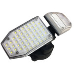 LED Solar Powered Outdoor Security Motion Activated Floodlight, 10 Watts, 100 High Output LED's, IP65, 5 Year Warranty. 

 This LED floodlight is equipped with 100 super bright LEDs. The light includes a high efficiency solar panel. LED solar floodlight has state-of-the art weather proof solar panels using high efficiency and poly-crystalline material which optimizes sunlight conversion to electricity. The recently updated solar panel power allows faster battery charging with less sunshine. With 100 super bright white LED's, it offers an 800 lumen output. The adjustable side lamp heads move upwards, downwards and horizontally for maximum lighting coverage.

Product has a smart and sensitive motion sensor. The motion detector will sense the movement automatically. This light will automatically turn on at night when motion is detected. Compared to other similar solar outdoor lights the white sensor ball head is larger and more powerful thus providing a longer sensor length with a detection distance of 24 to 40 feet and detection range of 120 degrees.

LED solar outdoor security flood light has a high IP65 rating for water resistance and durability. The solar security light has been upgraded to a higher waterproof level. With a IP65 rating the light fixture offers high protection against moisture. With construction of ABS plastic and aluminum the product insures added durability. The LED light delivers up to 6 hours of illumination (non-continuous) on a single charge. We back our quality with a very strong 5 year warranty. 

 Product Technical Data:

 • SKU: GS-SL-HB-FL2M-1109
• Ref: 1109
• Brand: LSS
• Wattage: 10 Watts
• Lumens: 800 Lumens
• Kelvin: 6000K
• Weight:   2Lbs.
• Width: 8.6 Inches
• Height: 5 Inches
• Depth: 5 Inches
• Mount: Wall Mount
• Light Source: 
• LED Type: High Output SMD
• IP: 65
• CRI: 80
• Beam Angle: 120 Degrees
• Life Time: 50,000 Hours
• Warranty: 5 Years
• Body Color: Solar Panel 5.6x3 Inches
• Wall Plug: Panel Attachment Cable 15 Feet
• Other 1: PIR Motion
• Other 2: 8 Hour Charge Time
