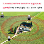 Solar LED Alarm Light, 360 Rotating, Motion Sensor, With Smart Remote Control, 129db Alarm Volume, IP65 Rated.

Easy single component installation which requires no wiring. Solar alarm light with motion sensor. 129db alarm volume. Alarm motion detector has a sensing angle of 70 degrees. Detects movement within 16-55 feet and activates the sound light alarm. The siren horn sound is at 129d. The bright strobe has eight red LEDs. Alarm can be heard up to 600 feet away. High IP65 rating for trouble free long life outdoor environment in all climates. 360 degree rotation allows for a variety of different position adjustments.

Charge time is ten hours. Battery is 3.7V 1200mAH Lithium. Solar panel is 5V 120mA ETFE mono. Constructed of high impact ABS material for long life trouble free operation.

Remote can be programmed to multiple alarms. There are four modes that can be set. First mode which is remote A is full day 24 hour mode, flashing alarm sound. Second mode which is remote B is full day 24 hour mode, flashing only. Third mode which is remote C is night time mode, flashing alarm sound. The fourth mode which is remote D is night time flashing only. The alarm can be set by remote or switched on.

LED Solar alarm is suitable for hotels, residential homes, farms, villas, markets, apartments and any other area which would require a security alarm. A great product to protect against theft or animal activity. A very effective repellent for cats, dogs, mice, foxes, raccoons, skunks, badgers, rodents, coyotes and more.

Product Technical Data:

    SKU: GS-SAL-1134
    Ref: 1134
    Brand: LSS
    Weight: 9 Ounces
    Width: 3.6 Inches
    Height: 3,25 Inches
    Depth: 3.6 Inches
    LED Type: 8 Red LED's
    Body Color: Black
    IP: 65
    Beam Angle: 70 Degrees
    Life Time: 50,000 Hours
    Warranty: 2 Years