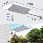 LED 10 Watt Solar Motion Sensor Light, 1,500 Lumens, 10,000 mAh, 96 LED's, Remote Dimming Ability.

Design offers super bright lighting for a wide area up to 492 square feet. Product puts out a massive 1,500 lumen's. We find this particular product much brighter than other similar solar lights on the market. The sensitive motion sensor detects motion up to 24 feet away with a detection angle up to 120 degrees. This LED Solar product has energy saving and extended work time.

This light absorbs sunlight for as little as 4 hours in daytime and it can light throughout the night. The light can last 12 to 14 hours in steady mode if fully charged. Product uses a lithium iron phosphate battery: 3.2V 10,000MAH Battery. The remote offers 6 optional modes. We back our quality with a five year warranty. Take advantage of our 30 day risk free return policy.

Modes:
1st: High light when motion detected (dims after 15 seconds if no motion).
2nd: High light when motion detected (dims after 30 seconds if no motion).
3rd: Solar light will light on after night fall and turn off after 3 hours.
4th: Solar light will turn on after night fall and turn off after 5 hours.
5th: Solar light will turn on after night fall and turn off after 8 hours.
6th: Solar light will turn on after night fall and turn off when morning.

High Quality High Tech Specification: 

    Solar Panels: 5.5V, 7 Watts PET Laminate
    Lithium Iron Phosphate Battery: 3.2V 10,000 MAH
    LED Specifications: 96 SMD2835 28-30 Lumens Taiwan Wafer
    Working Mode: Induction + Light/Induction + Off/Always Bright
    Mode Switching: Remote Switching
    Luminous Flux: 1500LM
    Input Power: 10 Watts
    Sensor: Radar Type
    Sensing Distance: 24 Feet
    Color: Bright White 6000 Kelvins
    Sensing Angle: 120 Degrees
    Shell Material: Aluminum Anodized
    Length: 19.75 Inches Length
    Width: 7 Inches
    Wall Mount Extension 9.5 Inches
    Water Proof Rating: IP 65 

Applications:
Hotel Lighting
Courtyard Lighting
Street Lighting 