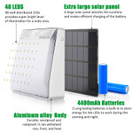 LED Solar Powered Aluminum Motion Light, 4 Watts, 600 Lumens, 48 LED's, IP65, 5 Year Warranty.

Ultra Bright LED. LED solar motion light has been upgraded to 48 LED's which allows more area to be super bright lighted. LED solar motion light is an ideal choice to illuminate fences, patio, decking, yard, garden, and steps. LED motion light has three modes. 1) Strong long light mode. 2) Dim light sensor mode. 3) Strong light sensor mode.

Product has a longer lasting upgraded battery. Rechargeable 4400mAh battery allows the solar light to be fully charged by the sun
Good outdoor weather resistance with the IP65 waterproof rating. Light is constructed of all aluminum alloy housing. Estimated 30,000 hours lifespan. We back our quality with a very strong 5 year warranty. Take advantage of our 30 day risk free return policy.

NOTE:
Be sure that the solar light is placed such that it will not be in shade during the day and is best to be facing the South.
Charge the solar light for 6 to 8 hours under the sunshine before first use. The motion sensor solar light is an ideal choice for outdoor environment, such as  fences, patio, decking, yard, garden, step and other outdoor general lighting locations.

Specifications
Recharge Time: 6 hours
Working Time: ≥12 hrs
Rechargeable Battery: 3.7V 4400mAh
Color Temperature: Cool White
LED Quantity: 48 LEDs
Motion Sensor: Up to 26 feet and 120 degree detection range. 