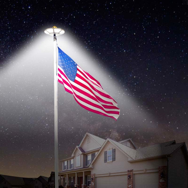 LED Solar Powered Flag Pole Down Light, 6 Watts, Massive 800 Lumens, Ultra Bright 120 High Output 2835 SMD LED's, 5 Year Warranty.
Our fixture is a very high end, high powered LED solar powered flag pole down light. The installation allows you to display your flag with pride and proper illumination. Very high 800 Lumen output. Using 120 ultra bright 2835 SMD LED's. This light is at the much higher end of illumination compared to others. By installing the LED solar flag pole light no need to constantly raise flag in the morning and lowering the flag at night.
Light sensor is completely automatic which means no switches to forget to flip. Light turns on at night and turns off at daylight. Fast and easy no hassle installation. Simply lower your pole and fit solar fixture under the truck that rest at the top of the pole. Must be sure light is in the "on" mode with the on/off button before installing. No tools required. No electrician or electrical contractor required. The sun supplies the power. Fixture features a compact all-in-one design.
The 5.5V 5,2 Watt solar panel is built into the fixture which converts more solar energy into electricity to be stored. Solar flag pole down light has built in very large capacity 3.7V 5,200mAh Lithium rechargeable battery. Working time up to 12 hours on a full charge. High IP65 rating for high resistance to most weather conditions, such as wind, rain and dust. Constructed of impact resistant ABS for long life trouble free operation. we back our quality with an industry leading 5 year warranty. Please note! No ball, no bolt, no ornament, no flag, or flag pole is included in the package. LED Solar Powered Flag Pole Down Light, 6 Watts, Massive 800 Lumens, Ultra Bright 120 High Output 2835 SMD LED's, 5 Year Warranty.
Our fixture is a very high end, high powered LED solar powered flag pole down light. The installation allows you to display your flag with pride and proper illumination. Very high 800 Lumen output. Using 120 ultra bright 2835 SMD LED's. This light is at the much higher end of illumination compared to others. By installing the LED solar flag pole light no need to constantly raise flag in the morning and lowering the flag at night.
Light sensor is completely automatic which means no switches to forget to flip. Light turns on at night and turns off at daylight. Fast and easy no hassle installation. Simply lower your pole and fit solar fixture under the truck that rest at the top of the pole. Must be sure light is in the "on" mode with the on/off button before installing. No tools required. No electrician or electrical contractor required. The sun supplies the power. Fixture features a compact all-in-one design.
The 5.5V 5,2 Watt solar panel is built into the fixture which converts more solar energy into electricity to be stored. Solar flag pole down light has built in very large capacity 3.7V 5,200mAh Lithium rechargeable battery. Working time up to 12 hours on a full charge. High IP65 rating for high resistance to most weather conditions, such as wind, rain and dust. Constructed of impact resistant ABS for long life trouble free operation. we back our quality with an industry leading 5 year warranty. Please note! No ball, no bolt, no ornament, no flag, or flag pole is included in the package.