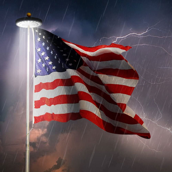 LED Solar Powered Flag Pole Down Light, Massive 900 Lumens, Ultra Bright 60 High Output 2835 SMD LED's, 5 Year Warranty.
This Flag Pole fixture is a high end high powered LED solar powered down light. The installation allows you to display your flag with pride and proper illumination. Utilizes a high 900 lumen output using 60 ultra bright 2835 SMD LED's. This light is at the much higher end of illumination compared to others. When installing the LED solar flag pole light no need to constantly raise flag in the morning and lowering flag at night.
The light sensor is completely automatic which means no switches to forget to flip. The light turns on at night and turns off at daylight. Fast and easy no hassle installation. Simply lower your pole and fit solar fixture under the truck that rest at the top of the pole. Must be sure light is in the "on" mode with the on/off button before installing. No tools required. No electrician or electrical contractor required. The sun will supply the power. Fixture features a compact all-in-one design. The 6V 2 watt solar panel is built into the fixture which converts more solar energy into electricity to be stored.
The area utilization ratio is maximized and the conversion efficiency exceeds all the similar products on the market. Solar flag pole down light has built in very large capacity 3.7V 2,500mAh Lithium rechargeable battery. Working time up to 10 hours on a full charge. High IP65 rating for high resistance to most weather conditions, such as wind, rain and dust.
Constructed of impact resistant ABS for long life trouble free operation. Product offers 3 brightness settings, 100%, 60% and 30%. We back our quality with an industry leading 5 year warranty. Please note, no ball, no bolt, no ornament, no flag or flag pole is included in the package. LED Solar Powered Flag Pole Down Light, Massive 900 Lumens, Ultra Bright 60 High Output 2835 SMD LED's, 5 Year Warranty.
This Flag Pole fixture is a high end high powered LED solar powered down light. The installation allows you to display your flag with pride and proper illumination. Utilizes a high 900 lumen output using 60 ultra bright 2835 SMD LED's. This light is at the much higher end of illumination compared to others. When installing the LED solar flag pole light no need to constantly raise flag in the morning and lowering flag at night.
The light sensor is completely automatic which means no switches to forget to flip. The light turns on at night and turns off at daylight. Fast and easy no hassle installation. Simply lower your pole and fit solar fixture under the truck that rest at the top of the pole. Must be sure light is in the "on" mode with the on/off button before installing. No tools required. No electrician or electrical contractor required. The sun will supply the power. Fixture features a compact all-in-one design. The 6V 2 watt solar panel is built into the fixture which converts more solar energy into electricity to be stored.
The area utilization ratio is maximized and the conversion efficiency exceeds all the similar products on the market. Solar flag pole down light has built in very large capacity 3.7V 2,500mAh Lithium rechargeable battery. Working time up to 10 hours on a full charge. High IP65 rating for high resistance to most weather conditions, such as wind, rain and dust.
Constructed of impact resistant ABS for long life trouble free operation. Product offers 3 brightness settings, 100%, 60% and 30%. We back our quality with an industry leading 5 year warranty. Please note, no ball, no bolt, no ornament, no flag or flag pole is included in the package.