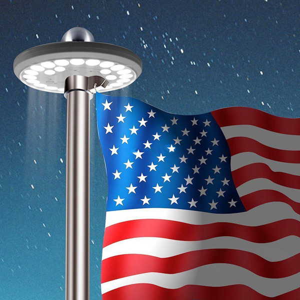 LED Solar Powered Flag Pole Down Light, 200 Lumens, 26 High Output 2835 SMD LED's, IP65, 5 Year Warranty.

This is our best value solar flag pole light. The fixture is a very high end, high powered LED solar powered flag pole down light. The installation allows you to display your flag with pride and proper illumination. Very high 900 Lumen output. Using 26 ultra bright 2835 SMD LED's. This light is at the much higher end of illumination compared to others. By installing the LED solar flag pole light no need to constantly raise flag in the morning and lowering flag at night.

Light sensor is completely automatic which means no switches to forget to flip. The light turns on at night and turns off at daylight. Fast and easy no hassle installation. Simply lower your pole and fit solar fixture under the truck that rest at the top of the pole. Must be sure light is in the "on" mode with the on/off button before installing. No tools required. No electrician or electrical contractor required.

The fixture features a compact all-in-one design. The 5.5V 1.8 watt solar panel is built into the fixture which converts more solar energy into electricity to be stored. The high efficiency solar panels for this light offer a maximized area utilization ratio and the conversion efficiency exceeds all the similar products on the market. Solar flag pole down light has built in 3x1.2V 2000mAh Ni MH rechargeable batteries.

Working time up to 10 hours on a full charge. High IP65 rating for high resistance to most weather conditions, such as wind, rain and dust. Constructed of impact resistant ABS for long life trouble free operation. We back our quality with an industry leading 5 year warranty. Please note, there is no ball, no bolt, no ornament, no flag, or flag pole is included in the package.