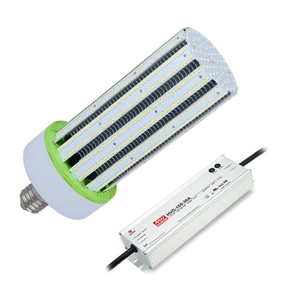 150 Watt LED Corn Warm White Bulb. Replaces  600 Watt HID, Massive 19,500 Lumens, External Meanwell Driver, ETL Listed, 5 Year Warranty.

This LED bulb will replace up to a 600 watt HID in an open or enclosed fixture.

This 150 watt, 19,500 lumen commercial LED corn bulb is the perfect retrofit for 600 watt metal halide and high-pressure sodium lamps. This 3000K kelvin bulb has a 360-degree beam angle which is ideal for lighting commercial and industrial spaces such as warehouses, storage rooms, factories, supermarkets and shopping malls.

This high lumen, high power bulb is very energy efficient: Eight times as efficient as incandescent bulbs, five times as efficient as metal halide & high-pressure sodium lamps, and twice as efficient as compact fluorescent bulbs. This bulb is equipped with an internal driver, and cooling fan and for safety and reliability. By using a Meanwell external driver the bulb is approved for enclosed style fixtures. We back our quality with a very strong 5 year warranty.

NOTE: When retrofitting LED to HID fixture, the ballast must be by-passed when present and proprietary power supply installed. Eliminating the ballast saves additional costs related to maintenance, energy consumption and performance. Additionally, by-passing the ballast will insure no RFI interference or audible buzz is generated.

Product Technical Data:

    SKU: GS-CE40-150LS-EX-1086
    Ref: 1086
    Brand: Global
    Wattage: 150
    Replaces: 600 Watt HID
    Lumen: 19,500
    Kelvin Temp: 3000K WARM
    Volts: 100-300V AC
    480 Option: Yes
    Weight: 2Lbs
    Diameter: 5 Inches
    Length: 13.8 Inches
    Base: E39 Mogul
    Light Source: LED
    LED Type: Epistar 2835 High Output SMD
    IP: 60
    CRI: 80
    Beam Angle: 360 Degrees
    Dimmable: No
    Driver: External
    ETL Listed: Yes
    Life Time: 50,000 Hours
    Warranty: 5 Years