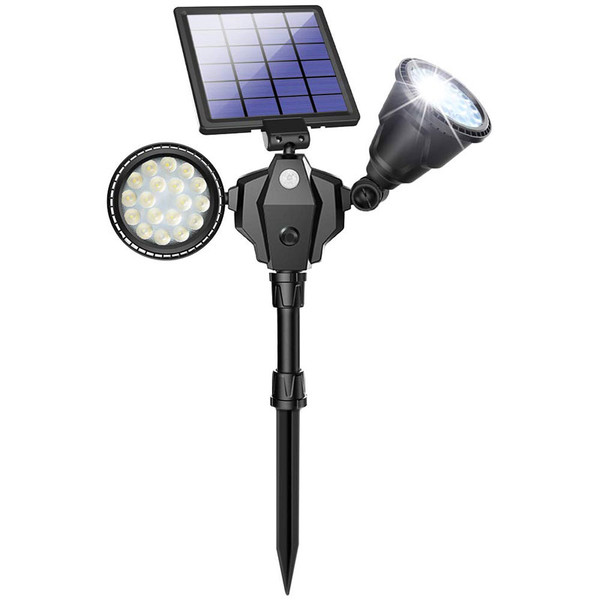 Solar LED, Dual Adjustable Head, Landscaping Security Spotlight, 7 Watt, 1000 Lumen, 36 LED, 4 Lighting Modes, IP65, 5 Year Warranty.

The Dual head LED fixture can be used to illuminate and enhance landscaping projects or as a true security application. Easy installation which requires no wiring or trenching. The sun supplies the power. Flexibility to decorate garden, pathway, lawn, yard, walkway, pond or any area where line voltage is not accessible. Fixture features high output 1000 lumen, 7 watt, 36 LEDs to assure high quality light for multiple applications.

Polycrystalline 6V 3 Watt solar panel. Lithium 3.7V 5200mAh battery. Constructed ABS with a IP65 rating for trouble free weather proof operation. PIR motion sensing.
Chose from 4 lighting modes.
Mode #1 is dim then bright light with motion sensor. Spotlight will stay dim until motion is detected and will turn bright.
Mode #2: Light turns off then to bright with motion sensor. Light will turn off until motion is detected and will turn to bright. Mode #3: Light is always on bright. Light will remain on bright lighting for 4 hours.
Mode #4: Light is always on dim. Light will remain on dim for 8 hours.
We back our quality with an industry leading 5 year warranty.

 Product Technical Data:

• SKU: GS-2H-SL-1103
• Ref: 1103
• Brand: LSS
• Wattage: 7 Watts
• Lumens: 1000 Lumen
• Kelvin: 6000K
• Weight:   2Lbs.
• Height: Adjustable to 24 Inches
• Depth: 7 Inches
• Length: 12 Inches
• Base: Stake or Mount
• Mount: In Ground or Wall
• Light Source: LED
• LED Type: 36 High Output SMD
• IP: 65
• CRI: 80
• Beam Angle: 150 Degree
• Life Time: 50,000 Hours
• Warranty: 5 Years
• Body Color: Black