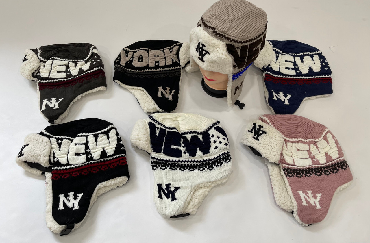 SALE! New York Ear-Flap Faux Fur Knit Hats Assorted Dozen # H1123