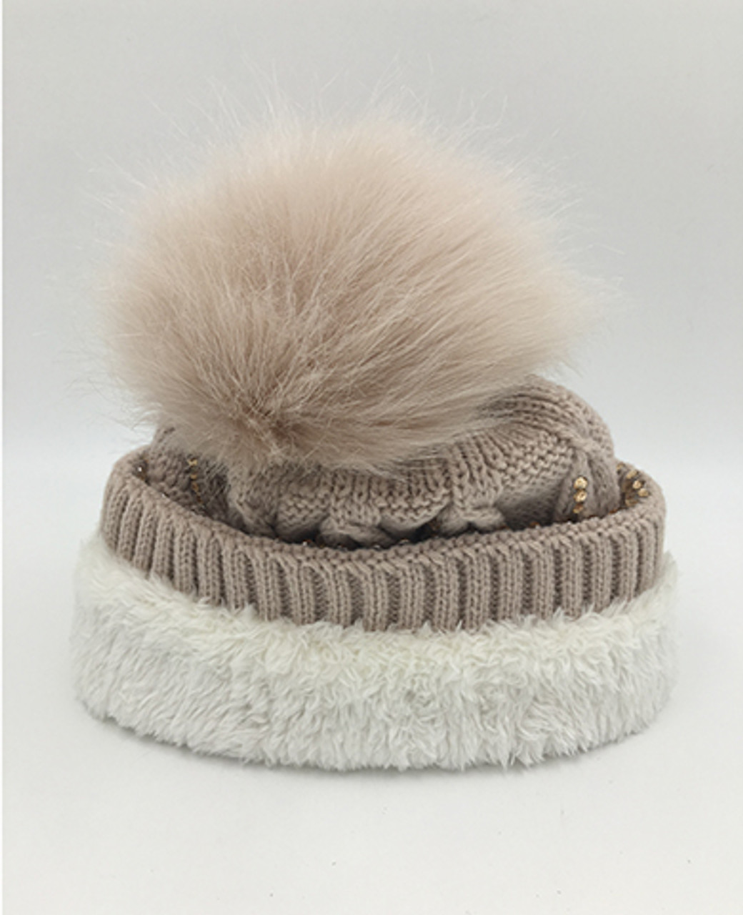 SALE! Knit Cable Rhinestone Beanie with Faux Fur Ball Assorted