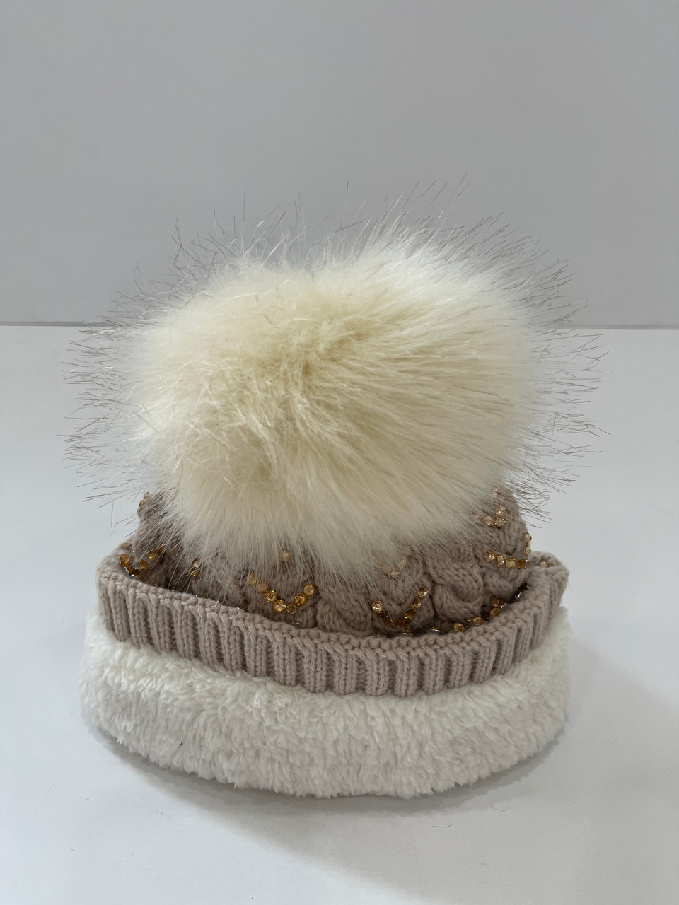 SALE! Knit Cable Rhinestone Beanie with Faux Fur Ball Assorted