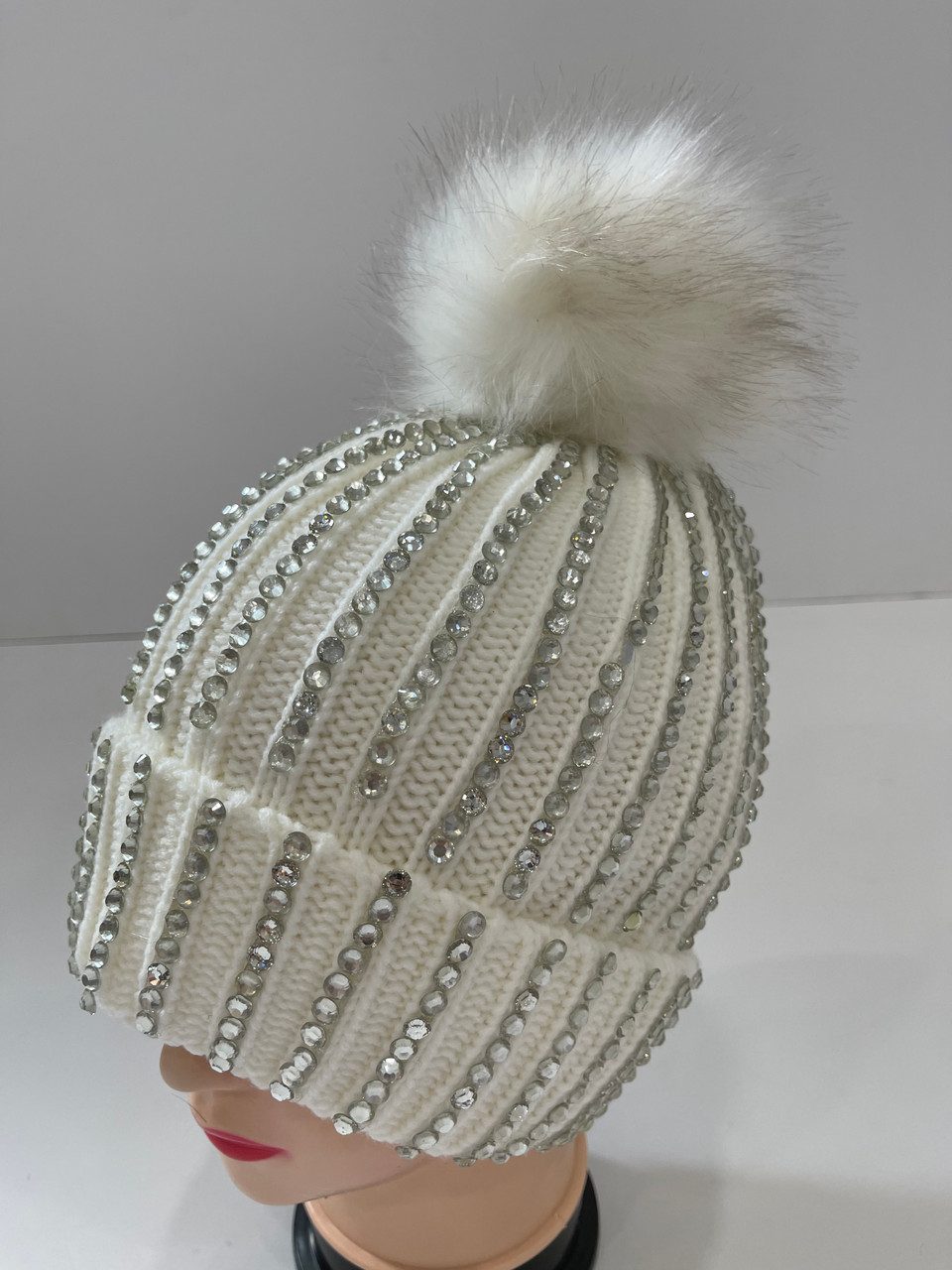 SALE! Knit Cable Rhinestone Beanie with Faux Fur Ball Assorted