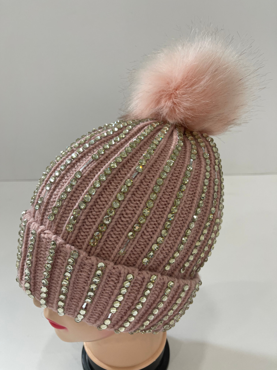 SALE! Knit Cable Rhinestone Beanie with Faux Fur Ball Assorted