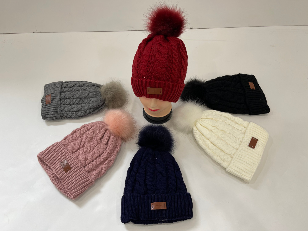 SALE! Knit Cable Beanie with Brown Faux Fur Pom Pom Assorted 