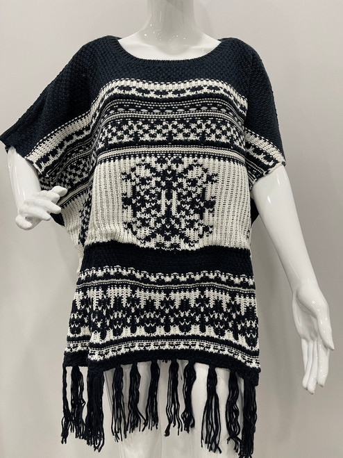 Two Tone Pullover Short Sleeve Sweater Poncho Navy / White # P050-1