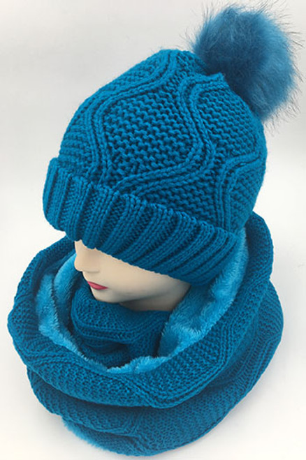 New! Fashion Knit Beanie with Faux Fur Pom Infinity Scarf Sets Turquoise #HS1254