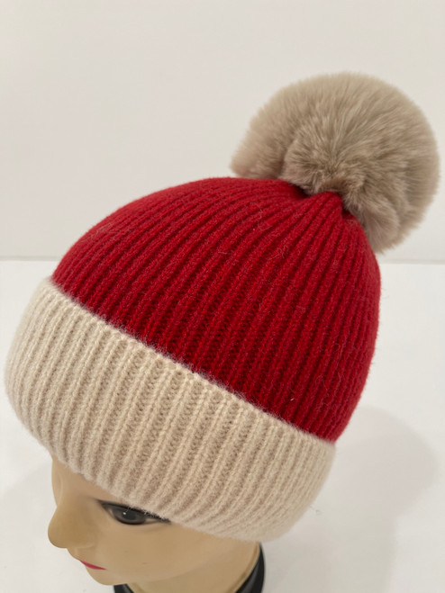 NEW! Knit Cable Beanie with Faux Fur Pom # H1317
