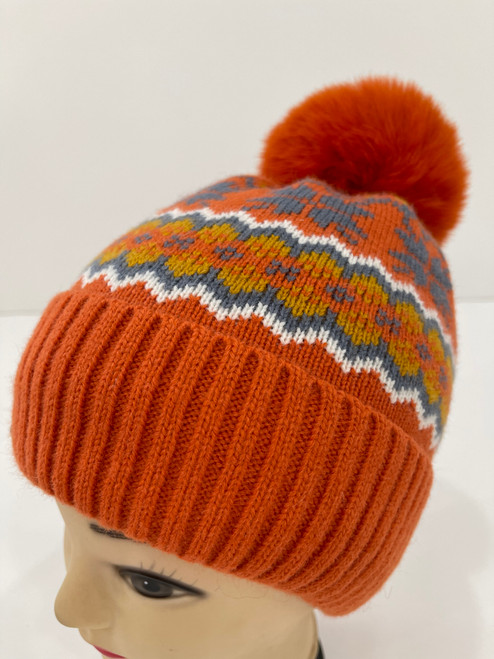 NEW! Knit Cable Beanie with Faux Fur Pom # H1318