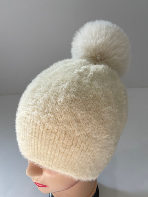 NEW! Knit Cable Beanie with Faux Fur Pom # H1310