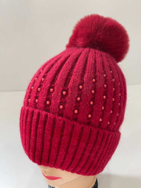 NEW! Knit Cable Beanie with Faux Fur Pom # H1311