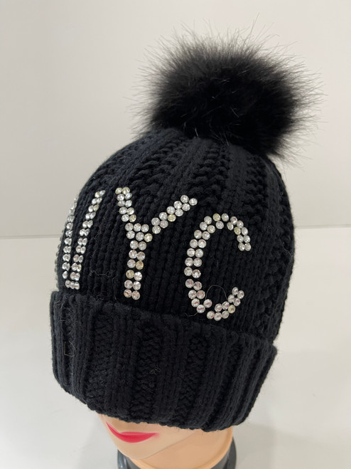 SALE! Knit Cable NYC Rhinestone Beanie with Faux Fur Pom Pom Assorted Dozen # H1237