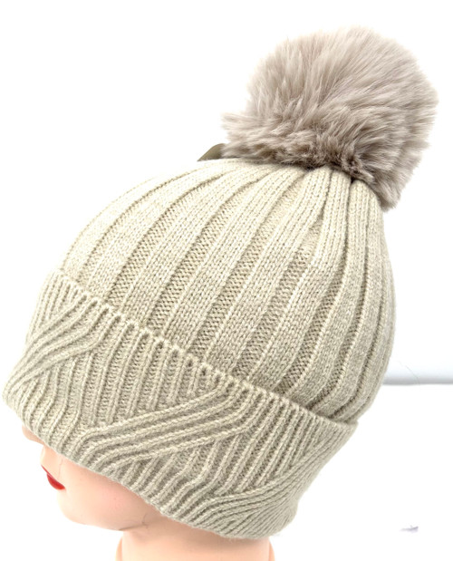                                NEW! Knit Cable Beanie with Faux Fur Pom Pom # H1346B