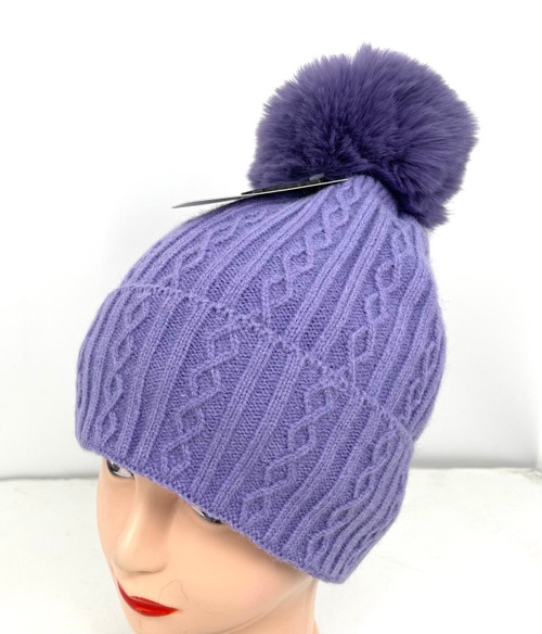                              NEW! Knit Cable Beanie with Faux Fur Pom Pom # H1352B