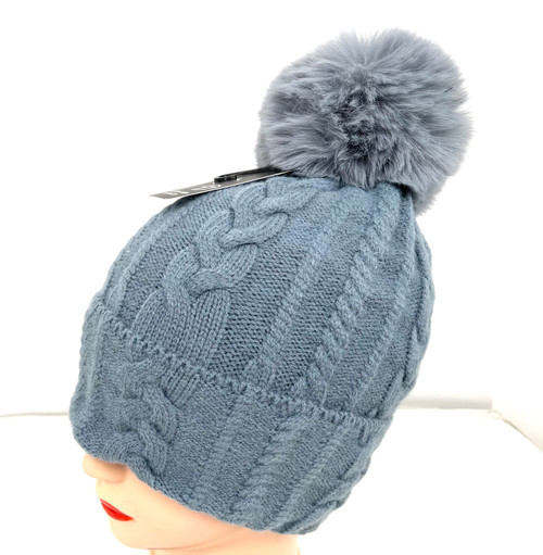                               NEW! Knit Cable Beanie with Faux Fur Pom Pom # H1349