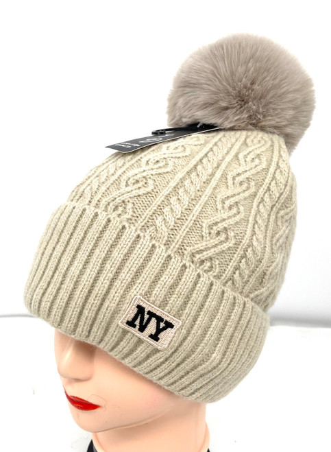                               NEW! Knit Cable Beanie with Faux Fur Pom Pom # H1345