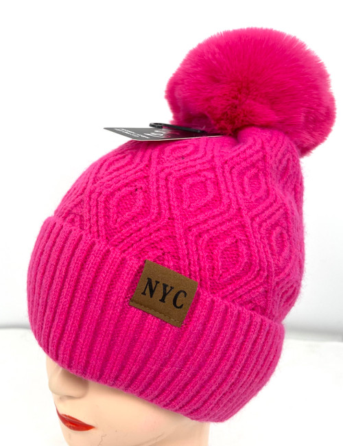                              NEW! Knit Cable Beanie with Faux Fur Pom Pom # H1343B